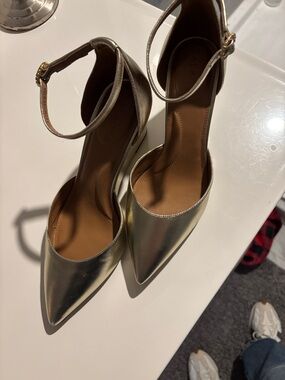 Talbots Metallic Gold Pointed-Toe Ankle-Strap Pumps
